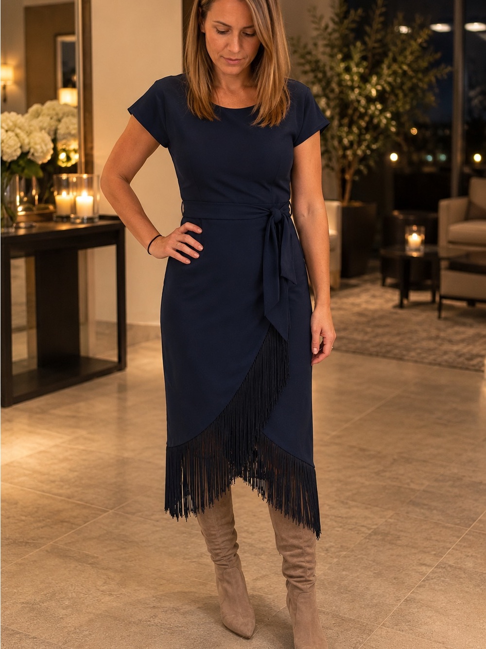 RACHEL Rachel Roy Navy Asymmetrical Fringe Wrap Dress